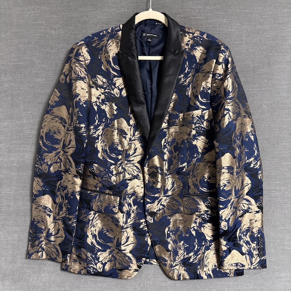 INC Tuxedo Jacket L Slim Fit Blue Gold Floral Shawl Formal 42L Slim - Picture 2 of 11